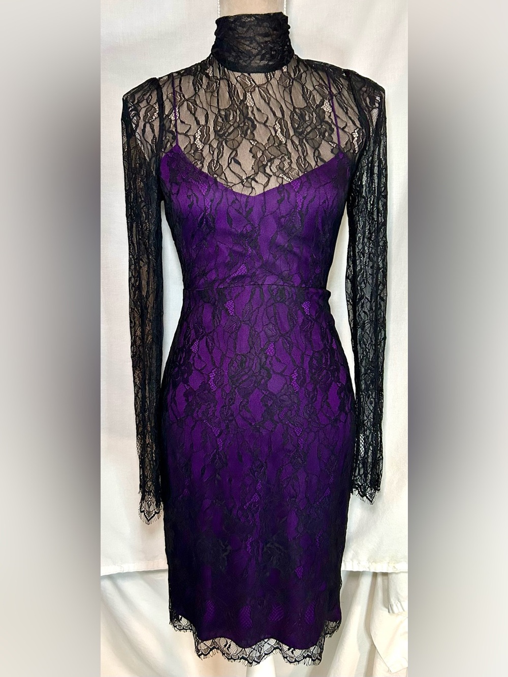 Catherine Malandrino Black, Purple Sheer Lace Overlay Backless Dress, Size 10